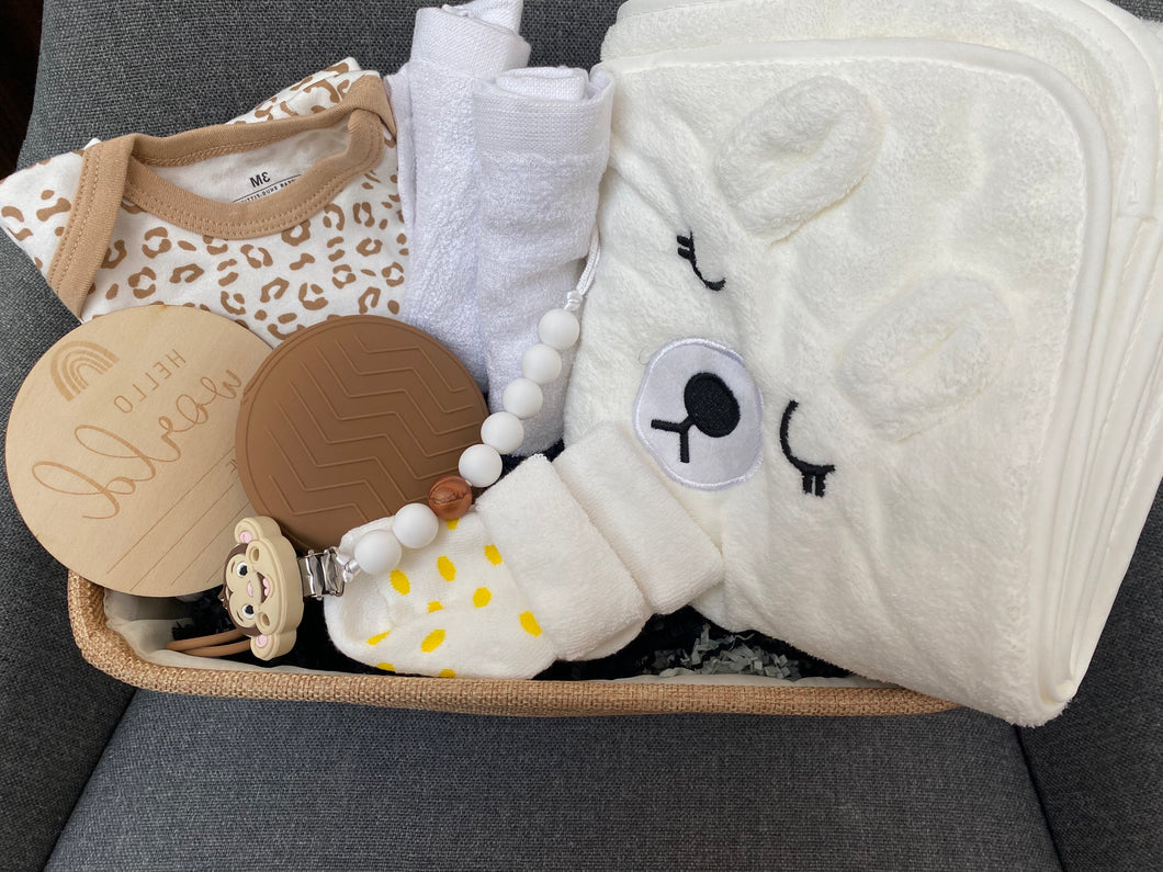 Tan newborn gift basket